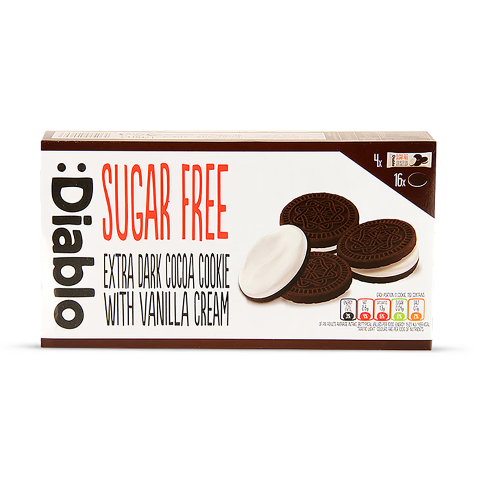 Diablo Sugar Free Extra Dark Cocoa Flavour Sandwich Cookies with Vanilla Cream 176g
