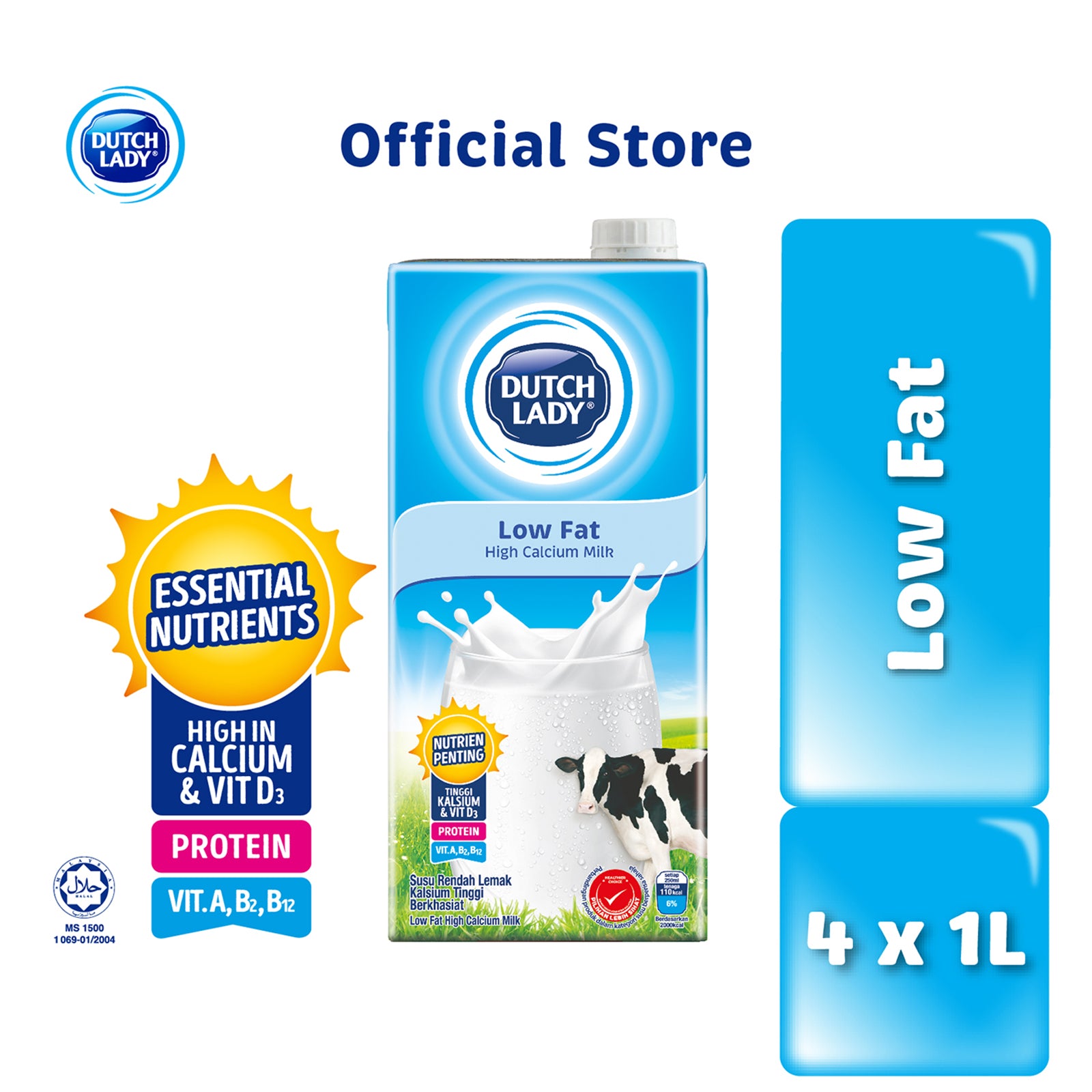 Dutch Lady UHT Low Fat Milk 1L x 4